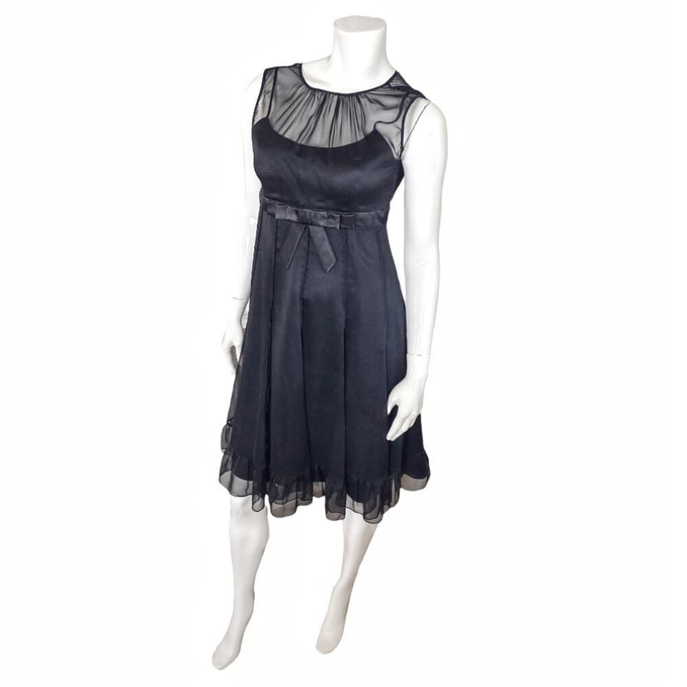 Black Flowy Chiffon Party Dress Empire Style Formal Bow Sleeveless Approx. Sz 4